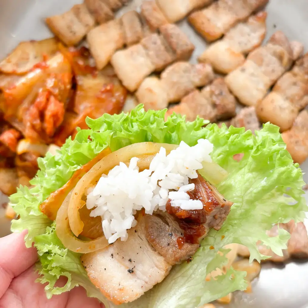 Korean BBQ Recipe: Easy Pork Belly (Samgyupsal) Without Grill korean bbq recipe pork belly samgyupsal with ssamjang sauce and lettuce wraps