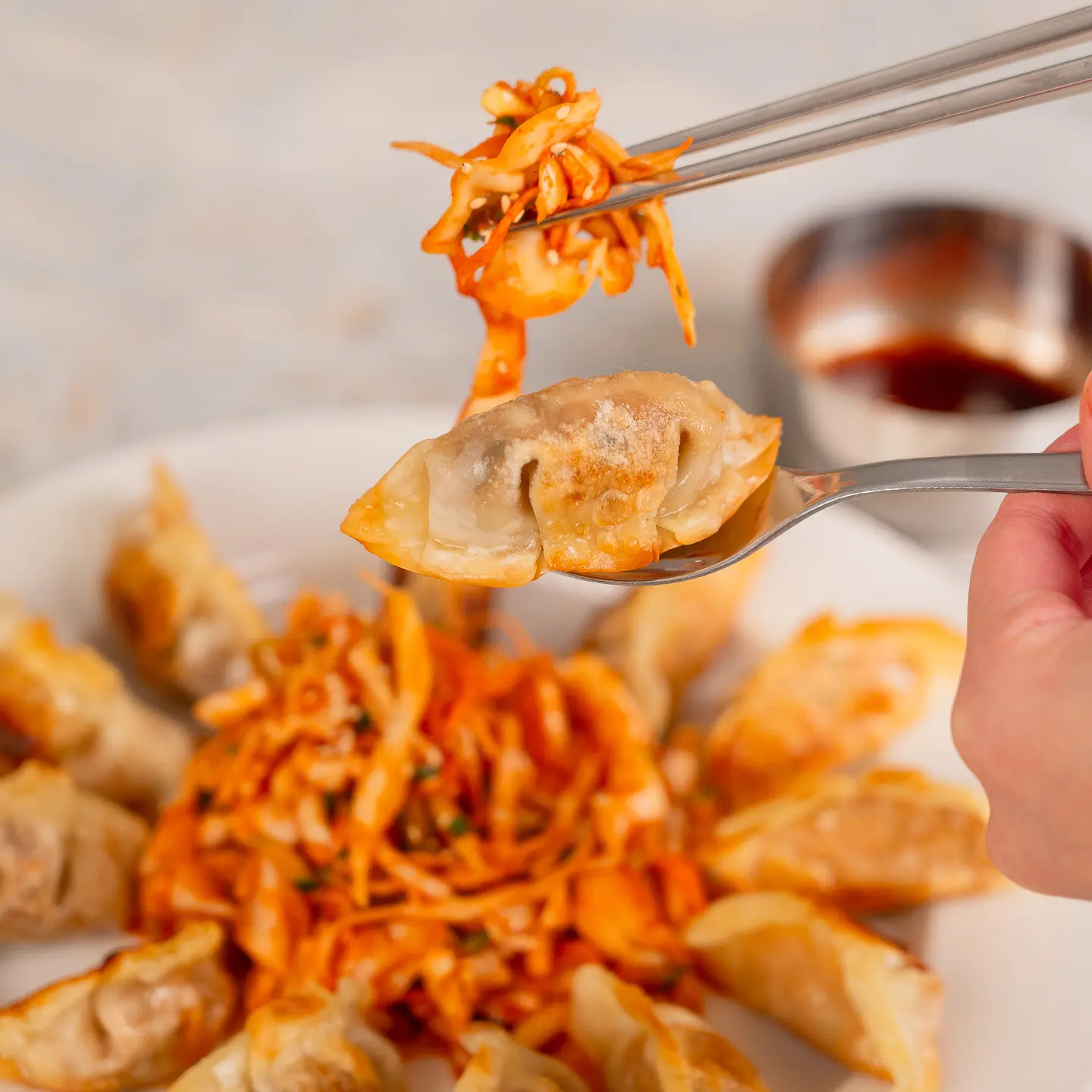 Bibim Mandu Salad - Korean Fried Dumplings with Coleslaw bibim mandu salad
