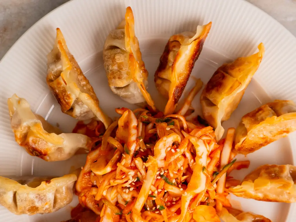 Bibim Mandu Salad - Korean Fried Dumplings with Coleslaw bibim mandu salad