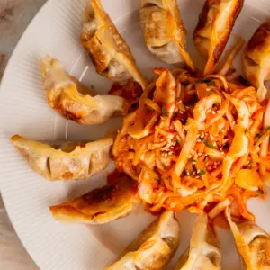 Bibim Mandu Salad - Korean Fried Dumplings with Coleslaw bibim mandu salad