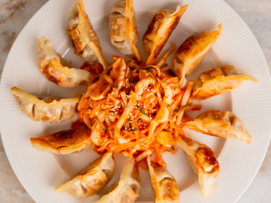 Bibim Mandu Salad - Korean Fried Dumplings with Coleslaw bibim mandu salad