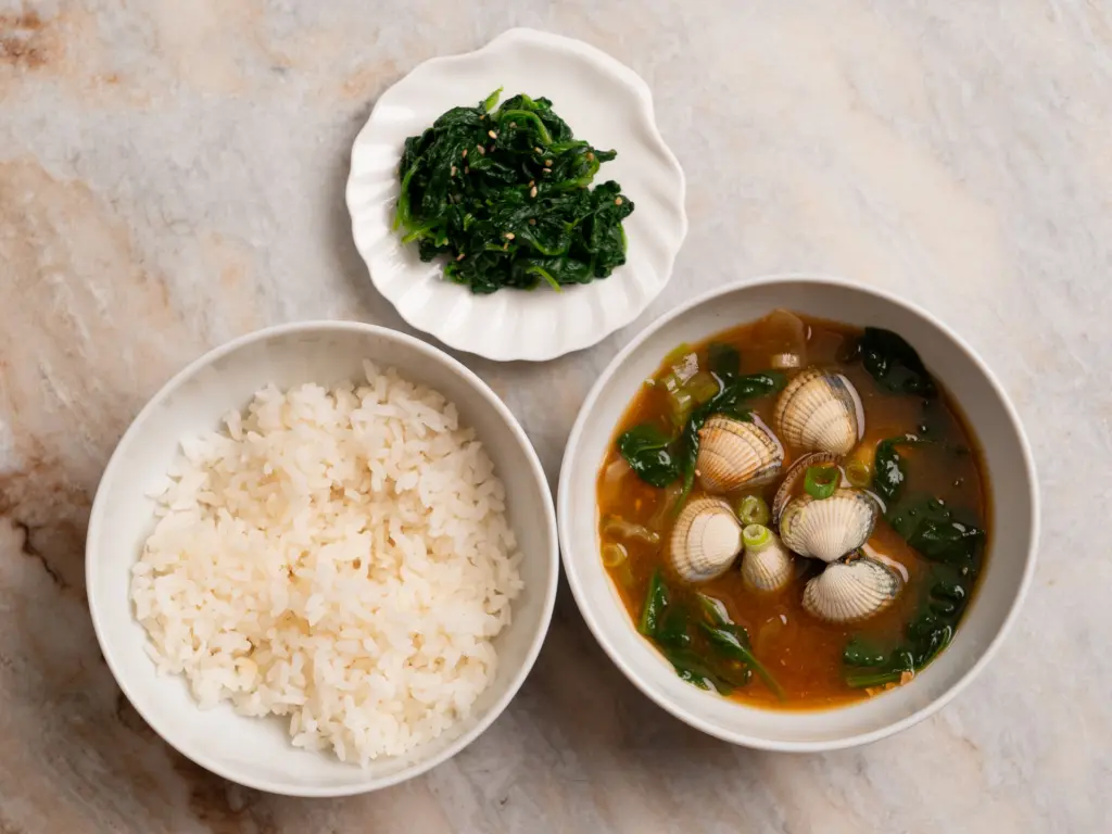 pdoenjang soup, spinach banchan muchim