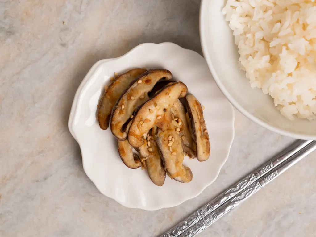 Korean Shiitake Mushroom Banchan: Best Pyogo Beoseot Bokkeum shiitake mushroom banchan, stir fried mushroom