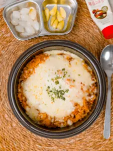 cheese mandu rice, Korean mandu rice bowl, dumpling rice recipe