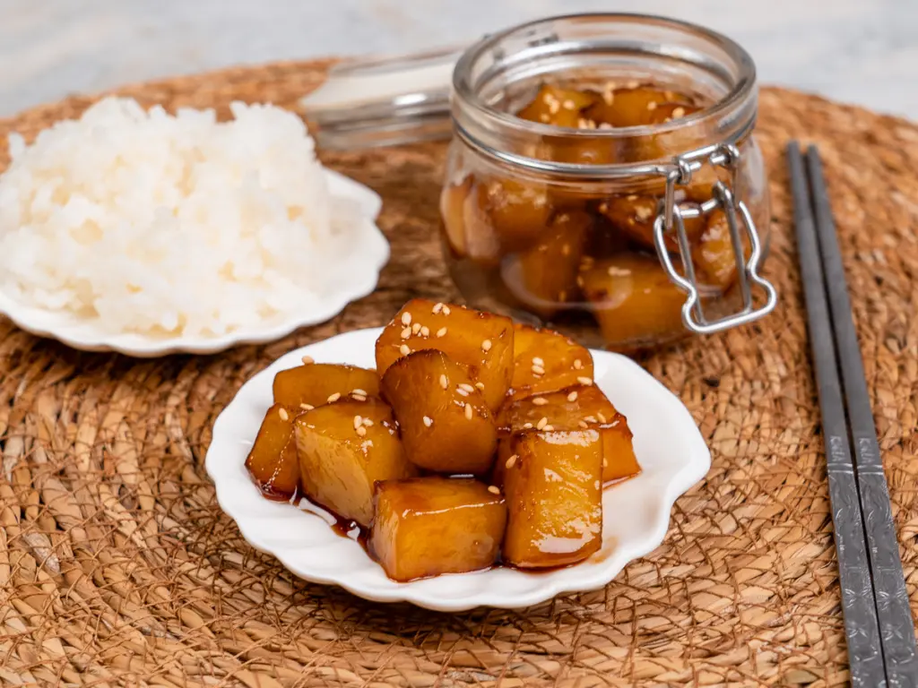 Korean potato side dish Gamja Jorim served with rice