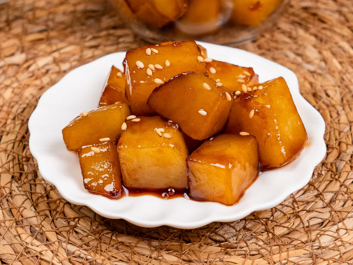 Traditional Korean potato side dish Gamja Jorim braised in soy sauce