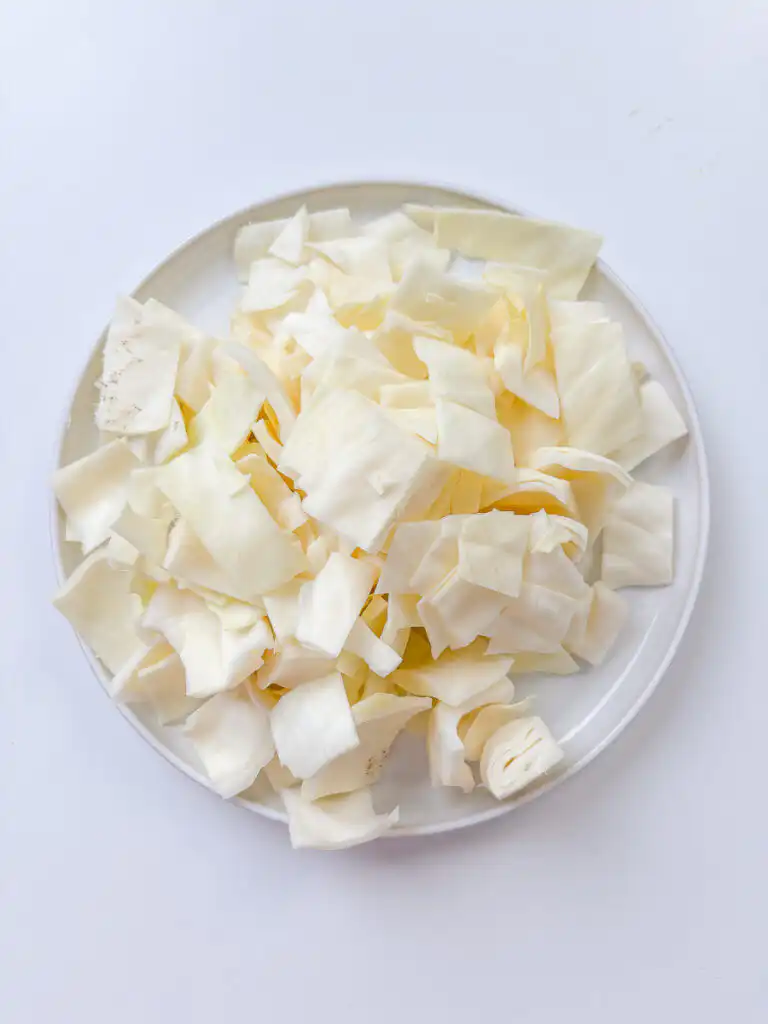 Large cube cuts are the key to getting the perfect texture in Korean cabbage stir fry.