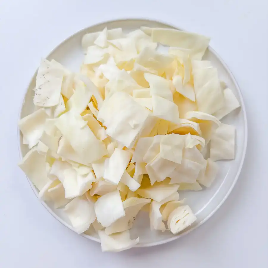 Large cube cuts are the key to getting the perfect texture in Korean cabbage stir fry.