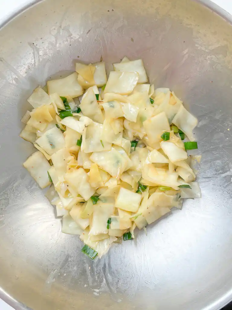 Wilted, tender, and full of flavor — your Korean cabbage stir fry is ready when it looks like this.