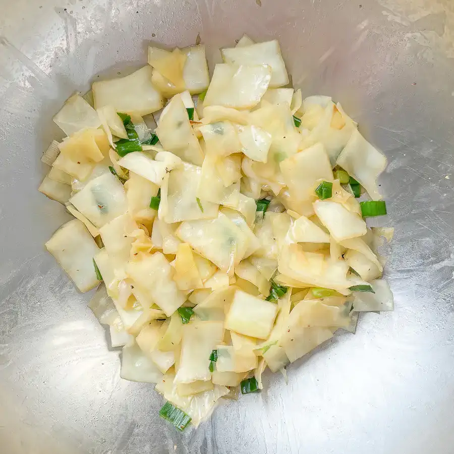 Wilted, tender, and full of flavor — your Korean cabbage stir fry is ready when it looks like this.