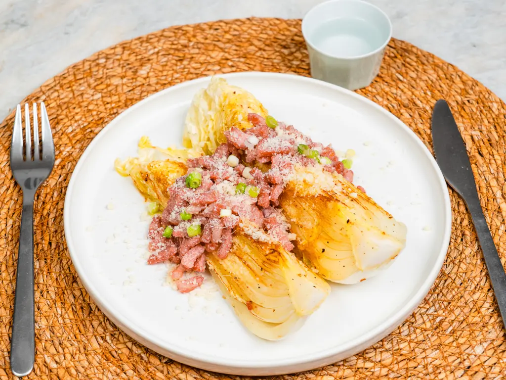 Pan fried cabbage steaks work as a napa cabbage side dish with steak, pasta, or light meals