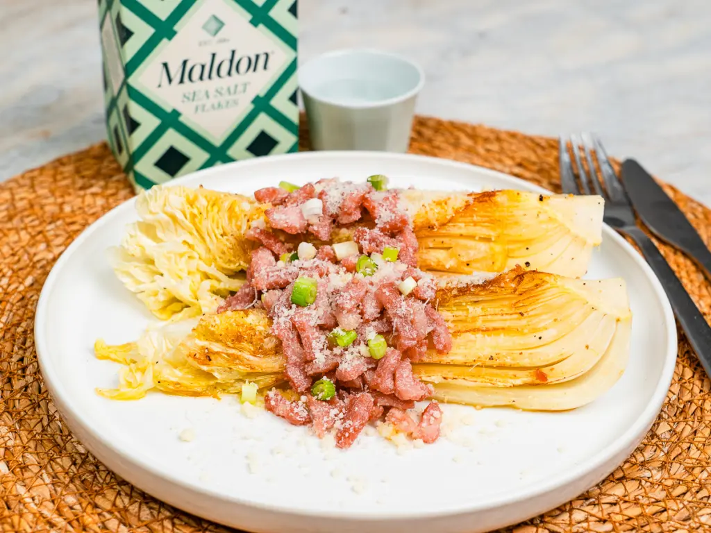 pan fried cabbage steaks served as napa cabbage side dish