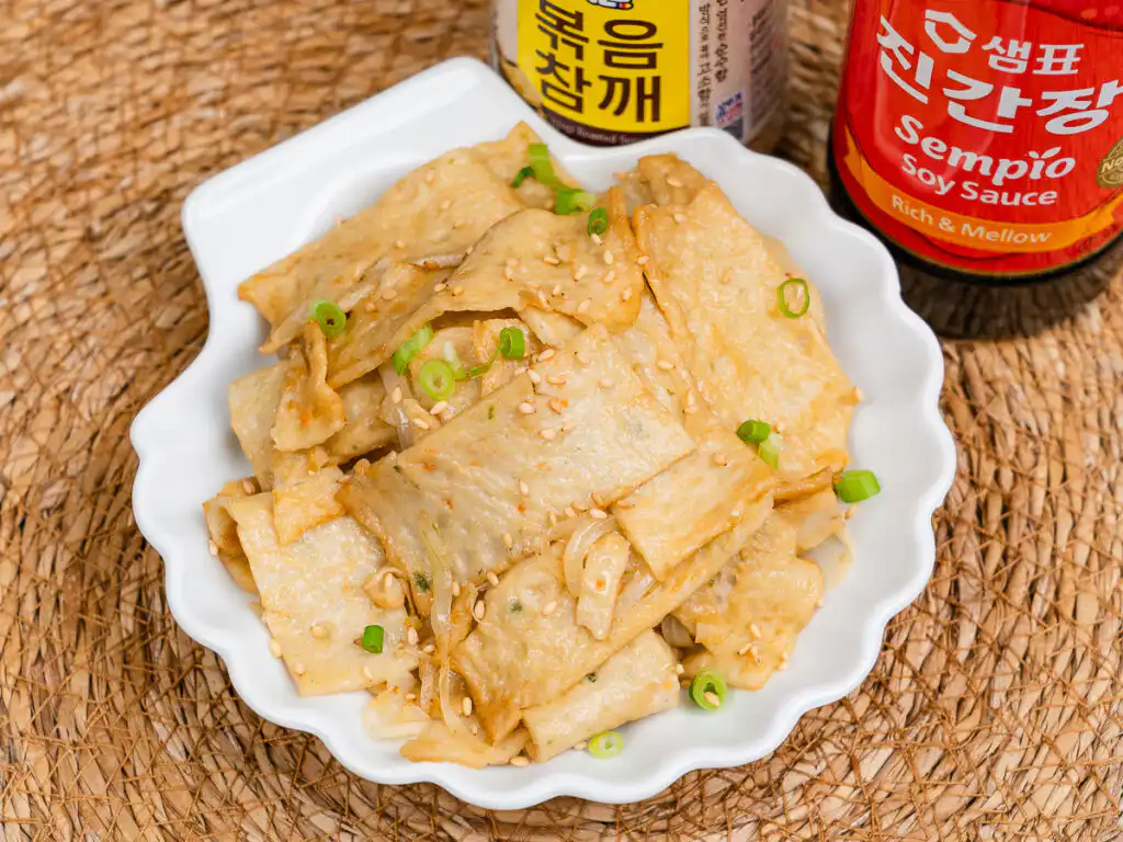Korean fish cake stir fry (eomuk bokkeum) served as a banchan side dish