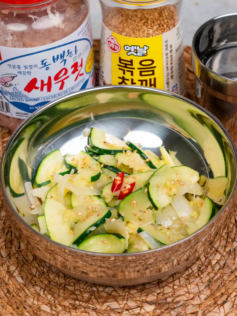 Topped with red chili, this Korean zucchini side dish is as beautiful as it is delicious.