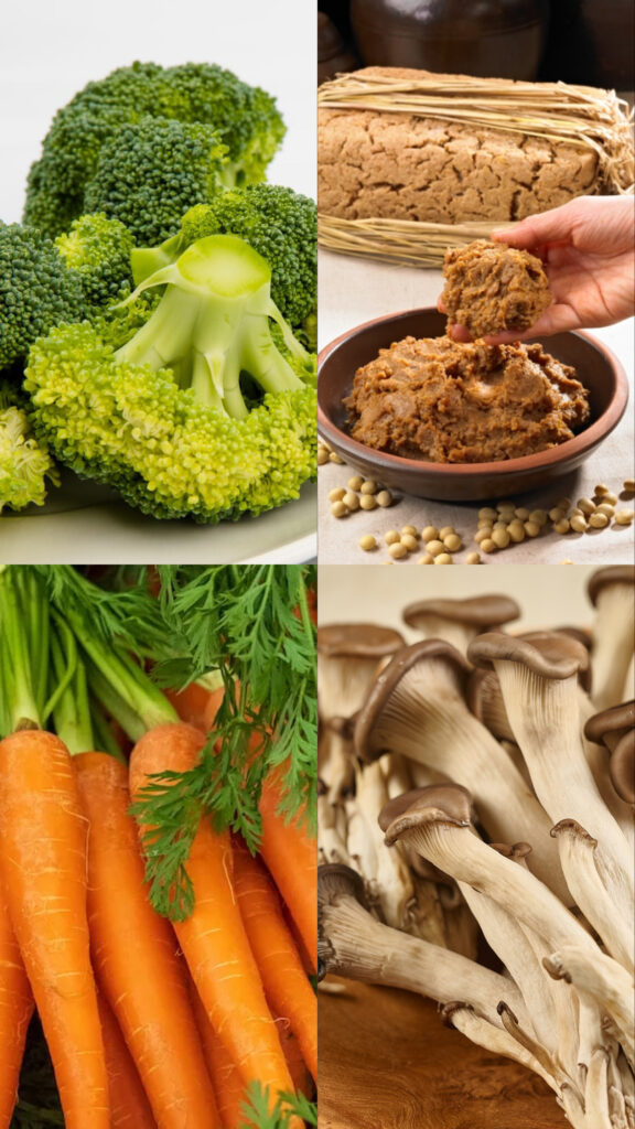 "Korean glow diet ingredients - broccoli, carrot, mushroom and doenjang