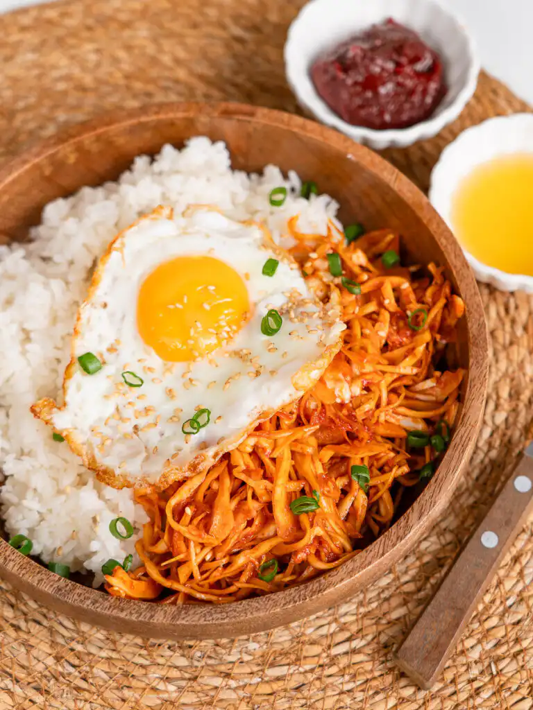 Gochugaru cabbage bibimbap with crispy fried egg