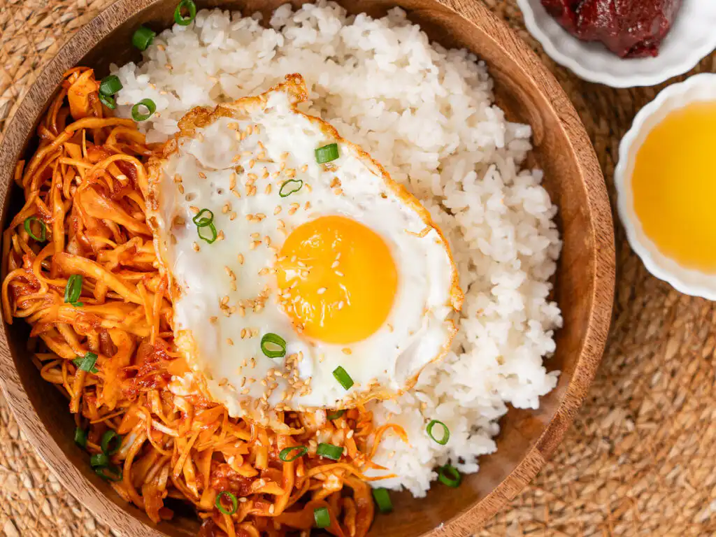 Korean spicy cabbage salad bibimbap ready to eat