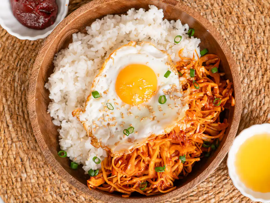 Korean home cooking spicy cabbage bibimbap close up