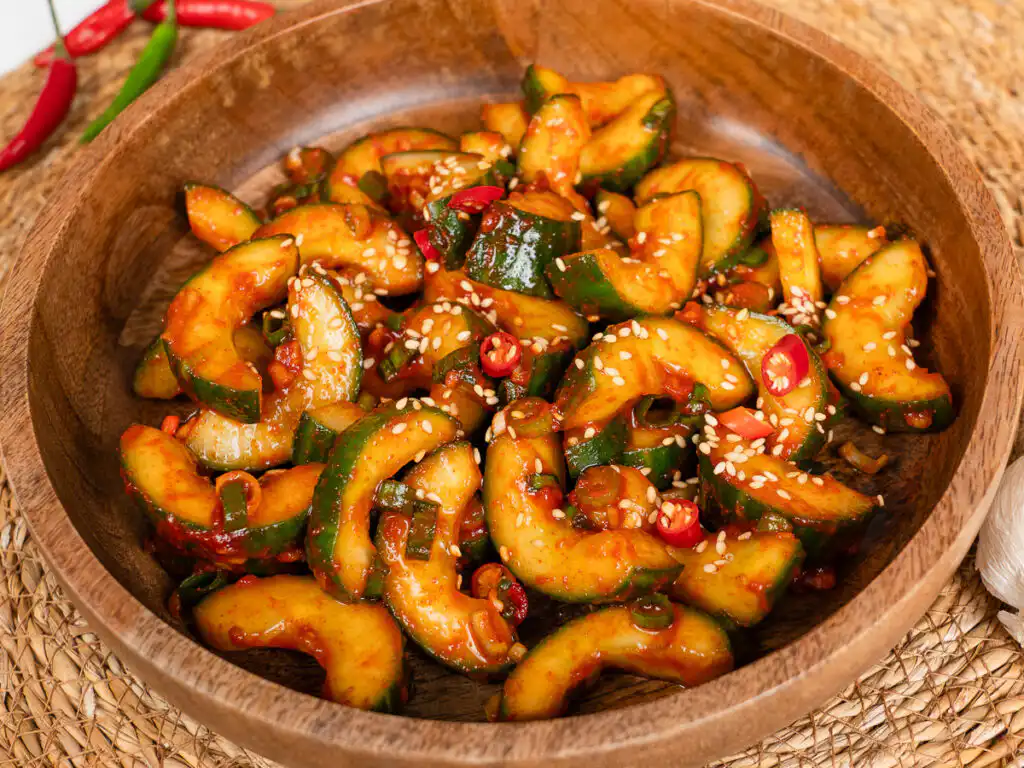 Cubed cucumber kimchi - 30Min Quick Kimchi Recipe Korean cubed cucumber kimchi with visible green onion and sesame seeds