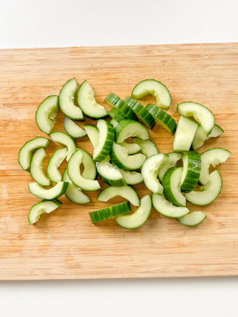 Cucumber cut into bite-sized cubes before salting for oi kkakdugi