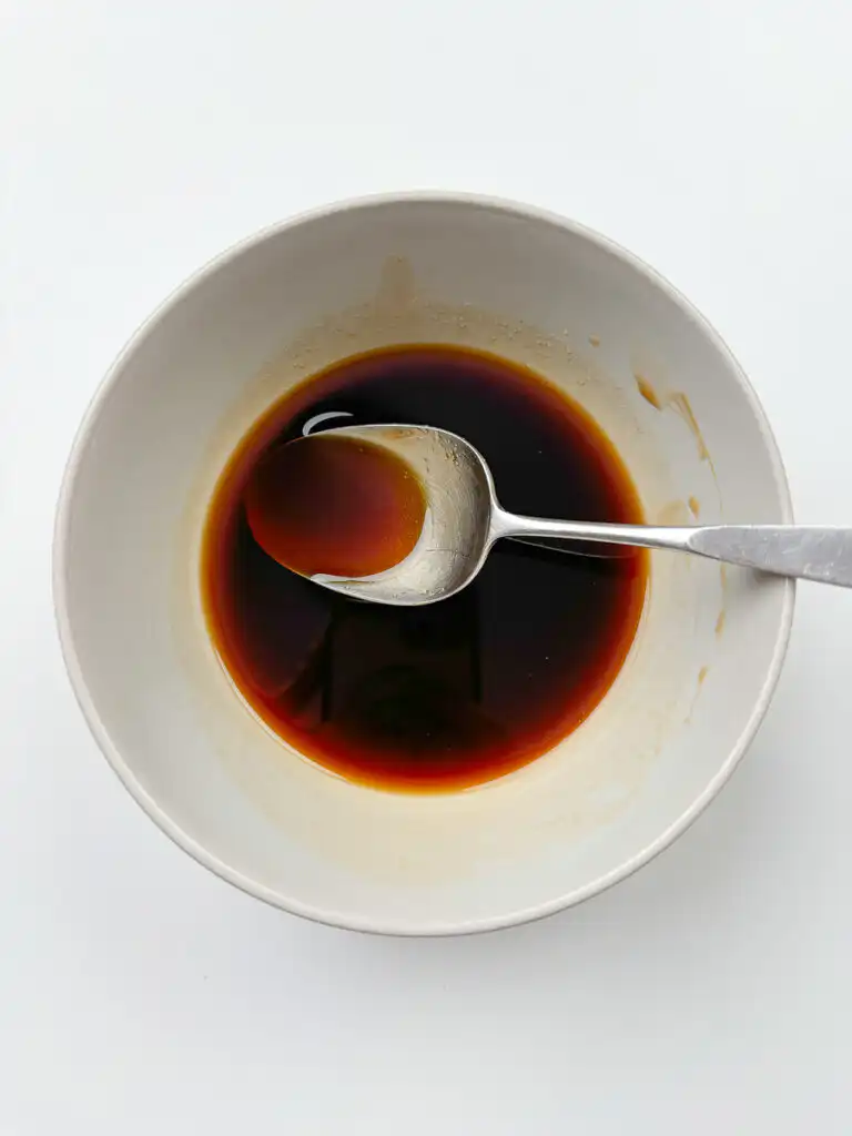 Oyster sauce soy sauce mirin and sugar mixed in a bowl for eggplant oyster sauce recipe