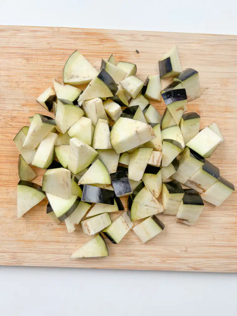 Large eggplant cut into chunky pieces for Korean eggplant rice bowl
