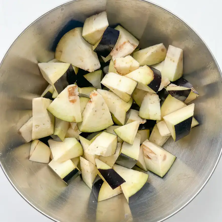 Large eggplant cut into chunky pieces for Korean eggplant rice bowl