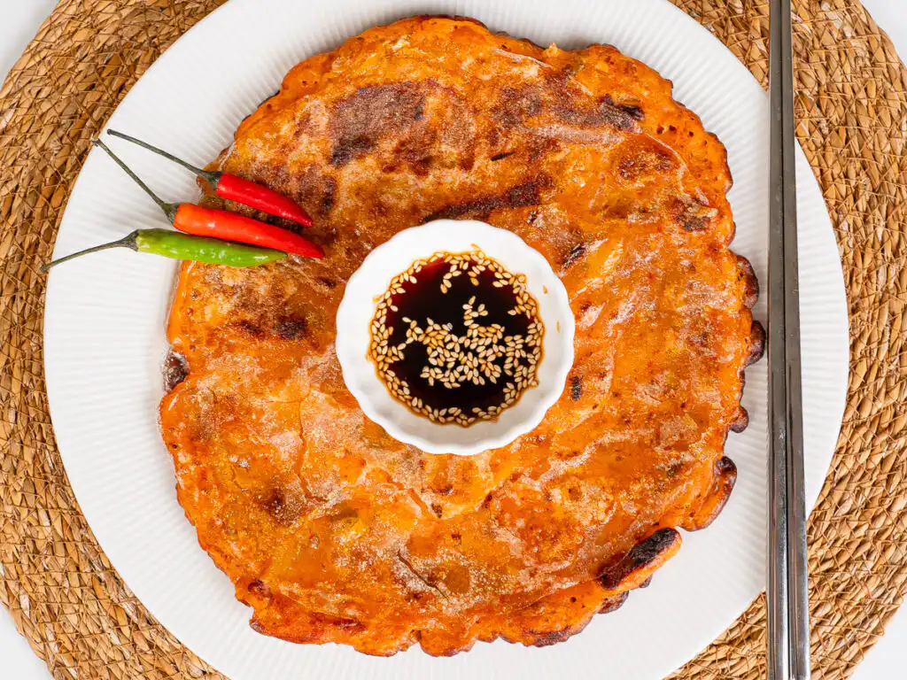 Rice Paper Kimchi Pancake - Crispier Kimchi Jeon Korean Hack Crispy kimchi pancake with visible kimchi pieces