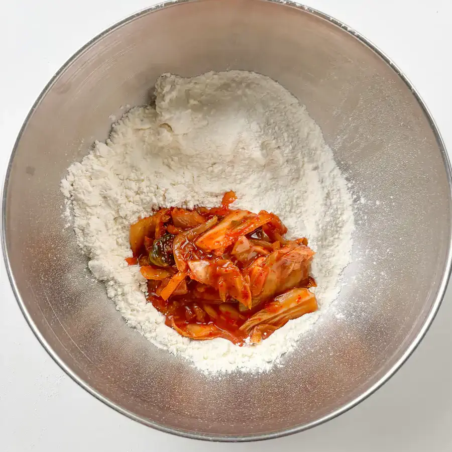 Rice Paper Kimchi Pancake - Crispier Kimchi Jeon Korean Hack chop kimchi and add into the buchimgaru. step by step rice paper kimchi pancake recipe