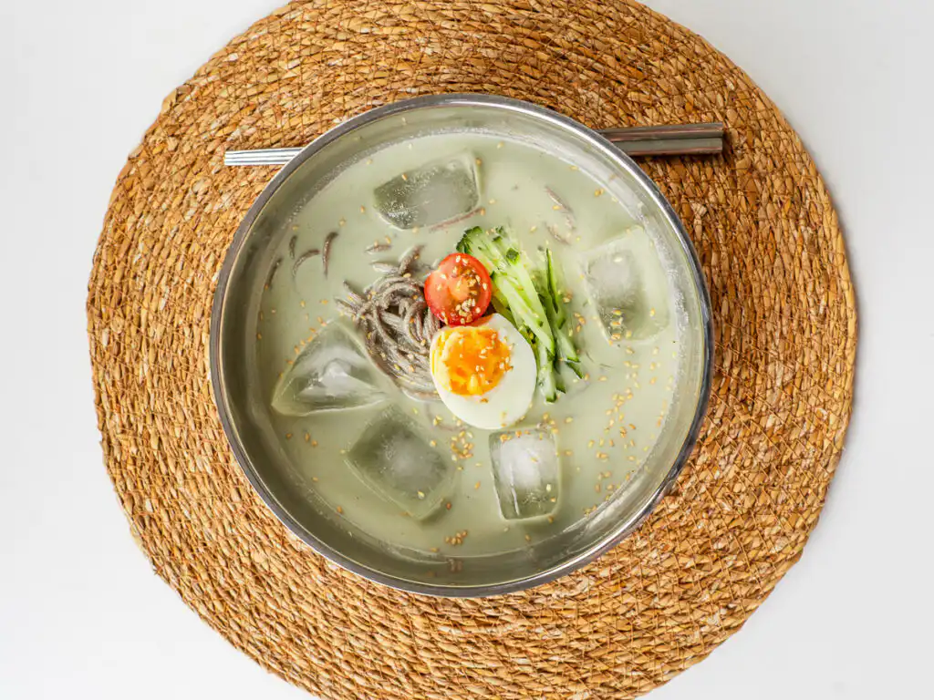 Korean cold noodles with matcha soy milk