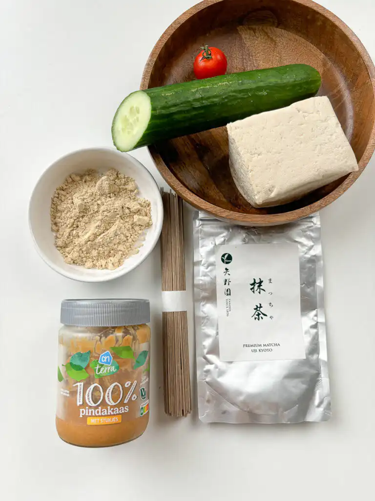 Simple ingredients for the matcha kongguksu: Korean soy milk noodles with matcha