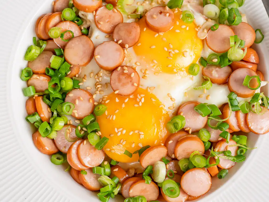 Sausage and Rice Recipe: 5-Min Korean Sausage Butter Rice lazy 5min dinner Korean rice bowl with sausage and eggs