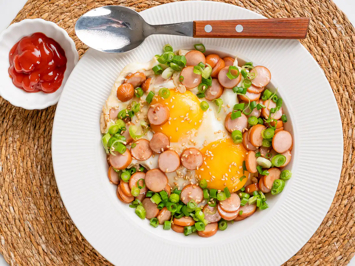Sausage and Rice Recipe: 5-Min Korean Sausage Butter Rice easy sausage rice recipe, golden sausage slices in soy-butter glaze, one pan, overhead shot