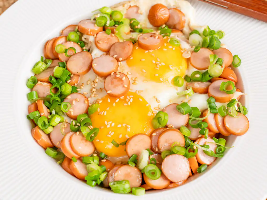 Sausage and Rice Recipe: 5-Min Korean Sausage Butter Rice Soy-butter sauce with fried eggs, green onion, sesame seeds for Korean sausage and rice recipe