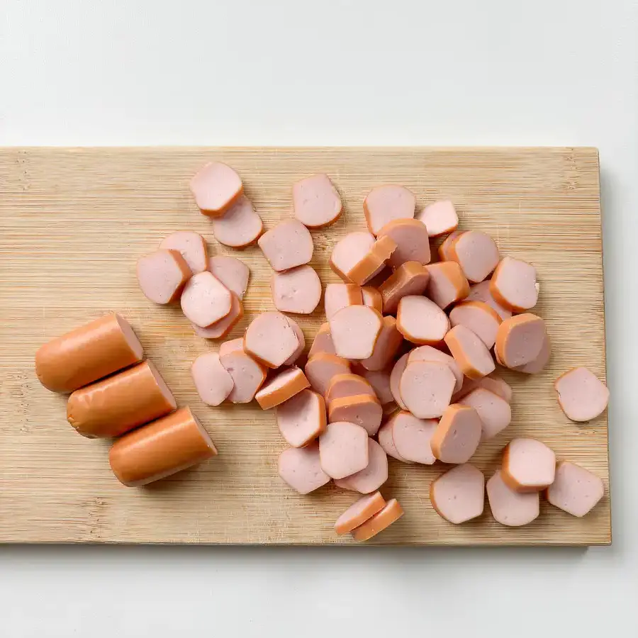 Sausage and Rice Recipe: 5-Min Korean Sausage Butter Rice Slicing pork sausage into 0.5cm rounds for sausage and rice recipes Korean style, wooden board