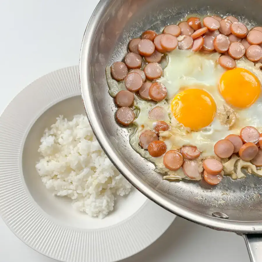 Sausage and Rice Recipe: 5-Min Korean Sausage Butter Rice Rice bowl assembly: rice first, then sausage and rice recipes Korean egg and sausage slid on top with all sauce