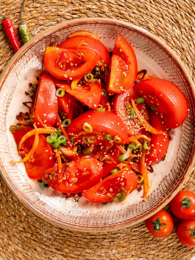 Tomato Kimchi Recipe: No Fermentation, Ready in 10 Minutes quick kimchi recipe tomato version is good for summer side dish