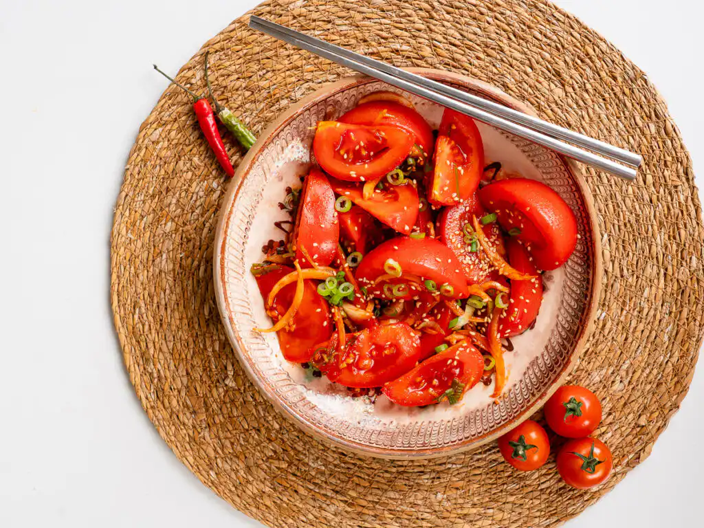 Tomato Kimchi Recipe: No Fermentation, Ready in 10 Minutes tomato fresh kimchi recipe. healthy Korean banchan with tomatoes.