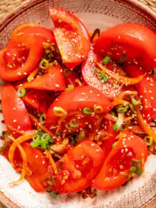 Tomato Kimchi Recipe: No Fermentation, Ready in 10 Minutes tomato kimchi recipe summer table setting overhead