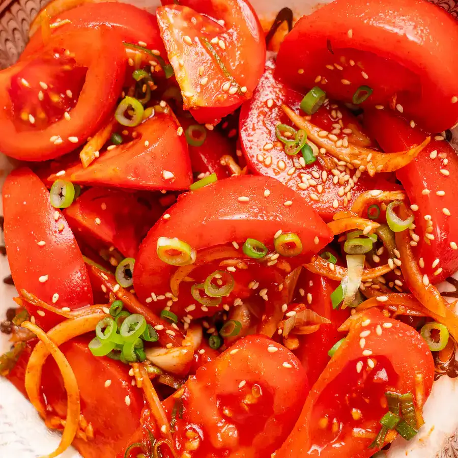 Tomato Kimchi Recipe: No Fermentation, Ready in 10 Minutes tomato kimchi recipe summer table setting overhead