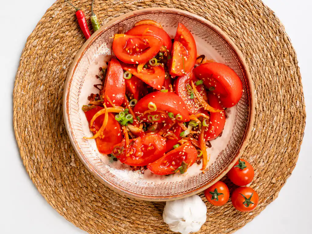 Tomato Kimchi Recipe: No Fermentation, Ready in 10 Minutes summer quick kimchi recipe with tomatoes, tomato kimchi