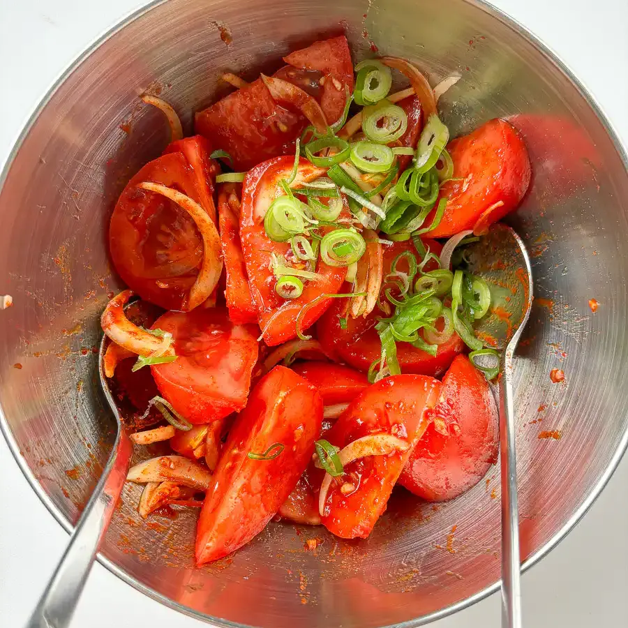 Tomato Kimchi Recipe: No Fermentation, Ready in 10 Minutes green onion added last to tomato kimchi recipe