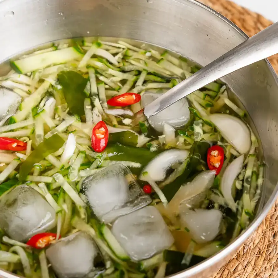 Korean Cucumber Soup (Oi Naengguk) - Best Cold Summer Soup Traditional oi naengguk with crunchy julienned cucumber and rehydrated seaweed