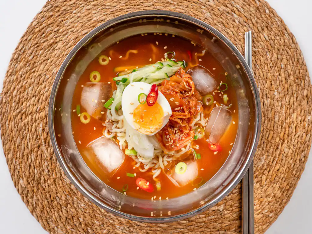 Naengmyeon style kimchi cold noodles made by Korean instant ramen