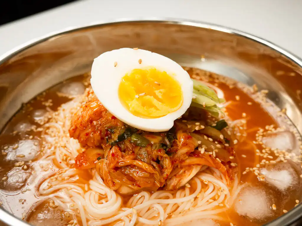 Grandma's Kimchi Korean Cold Noodles - Kimchi Mari Guksu egg, cucumber, seasoned kimchi toppings for kimchi mari guksu