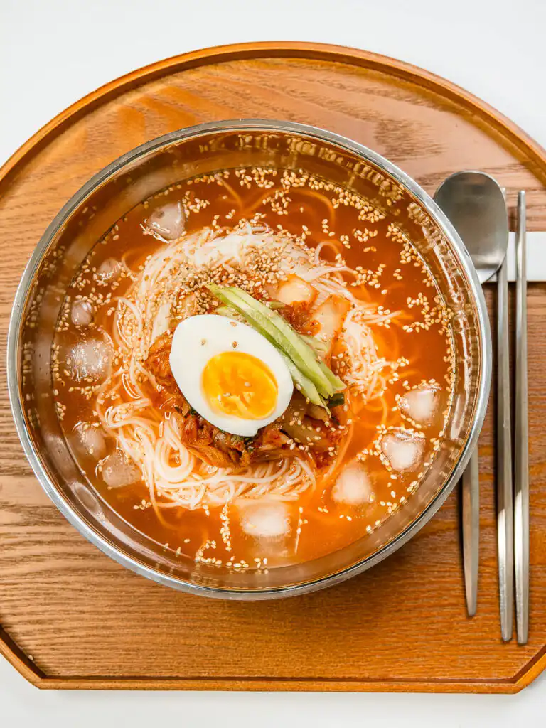 Grandma's Kimchi Korean Cold Noodles - Kimchi Mari Guksu Cold kimchi noodle soup without naengmyeon broth