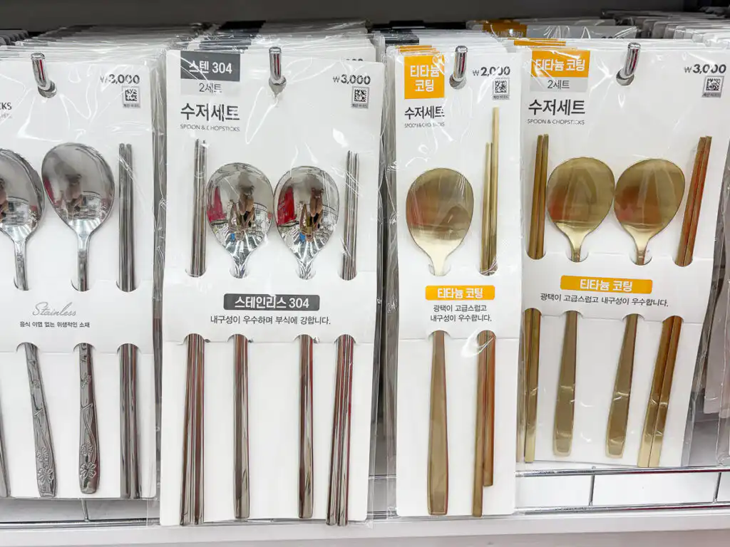 Top 10 Daiso Kitchen Items - Korean Restaurant Tableware Set Stainless steel chopsticks and spoon set, a Daiso kitchen essential for Korean meals