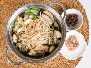 Spring Onion Bossam (Suyuk) – Juicy Waterless Pork Belly korean pork belly with green onion topped with steamed bean sprouts
