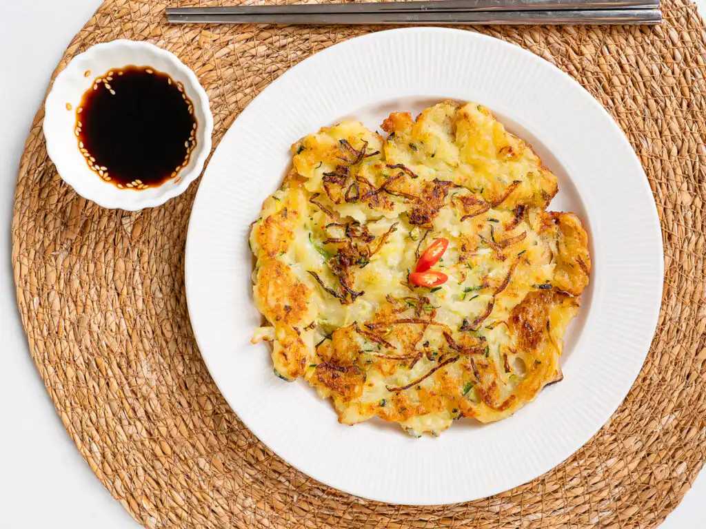 Overhead shot of crispy zucchini korean pancake