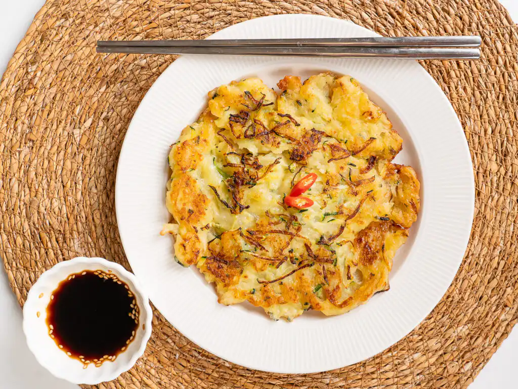 Crispy korean zucchini pancake with Korean pancake dipping sauce
